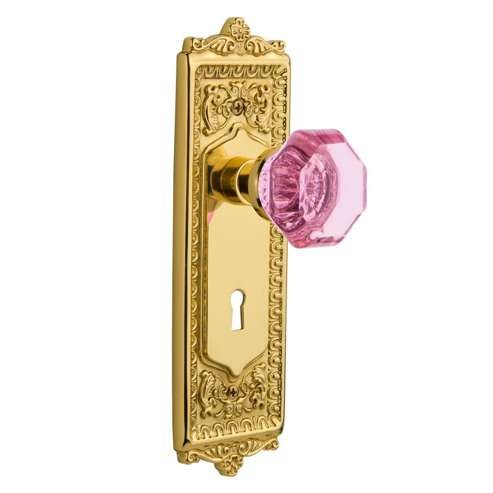 Nostalgic Warehouse EADWAP Colored Crystal Egg & Dart Plate with Keyhole Single Dummy Waldorf Pink Door Knob in Polished Brass
